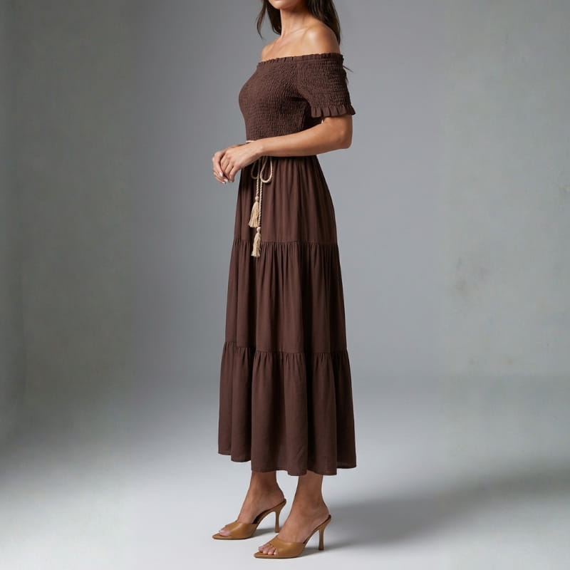 Clara Off Shoulder Pleated Waist Midi Dress – Tiered Smocked Neckline