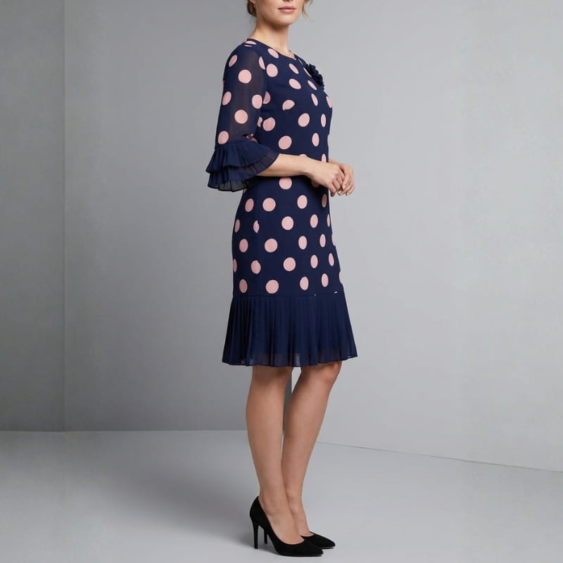 Penelope Pleated Polka Dot Midi Dress – Lightweight Chiffon Day Dress