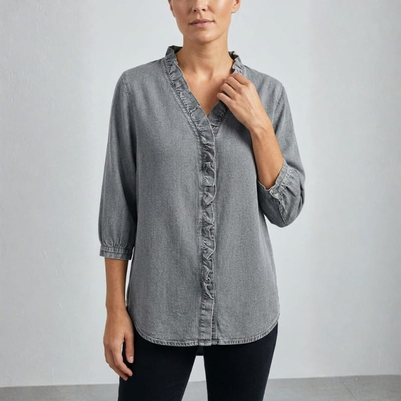 Floraine Women's Denim Ruffle Blouse – Soft V-Neck Top