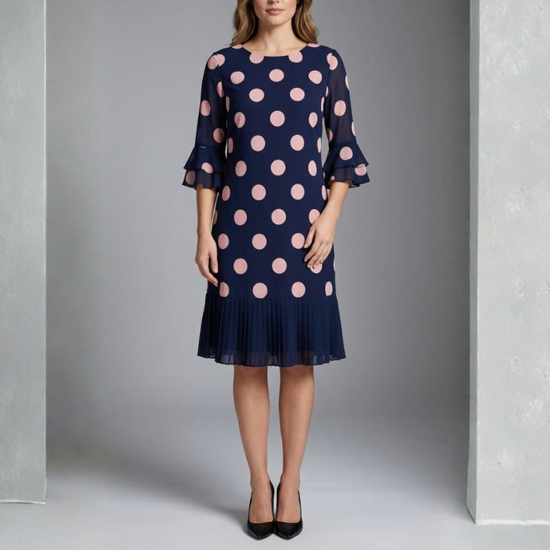 Penelope Pleated Polka Dot Midi Dress – Lightweight Chiffon Day Dress