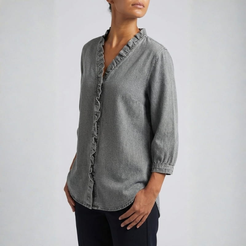 Floraine Women's Denim Ruffle Blouse – Soft V-Neck Top