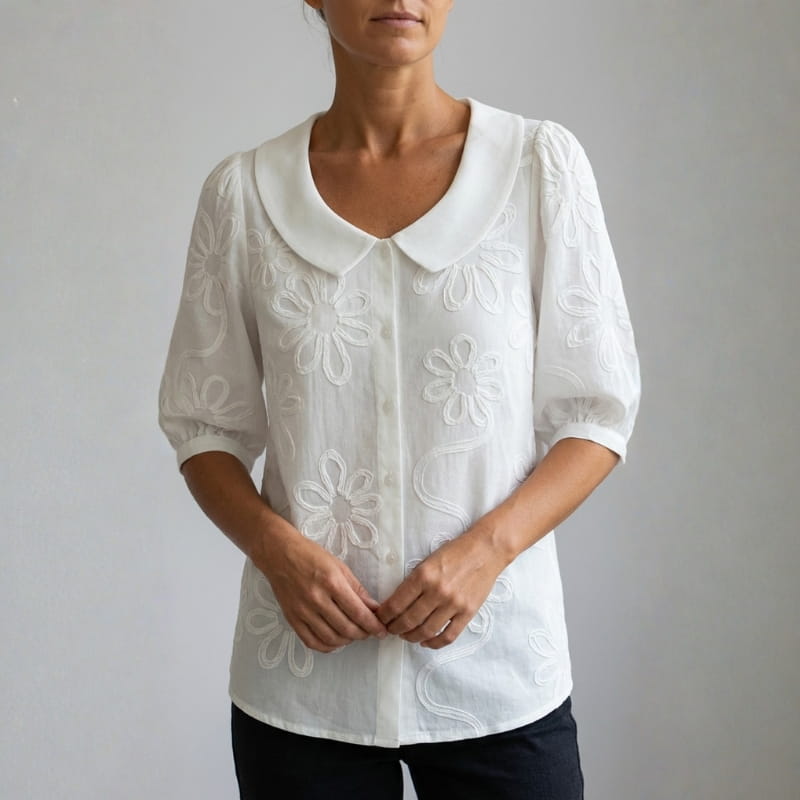 Viniela Women's Floral Textured Blouse – Cotton Button Down Round Collar Top