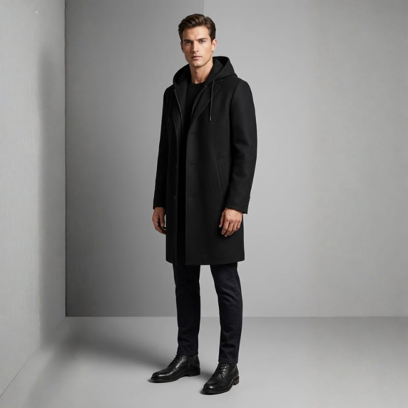 Loreno Men’s Hooded Wool Coat – Premium Textured Winter Outerwear