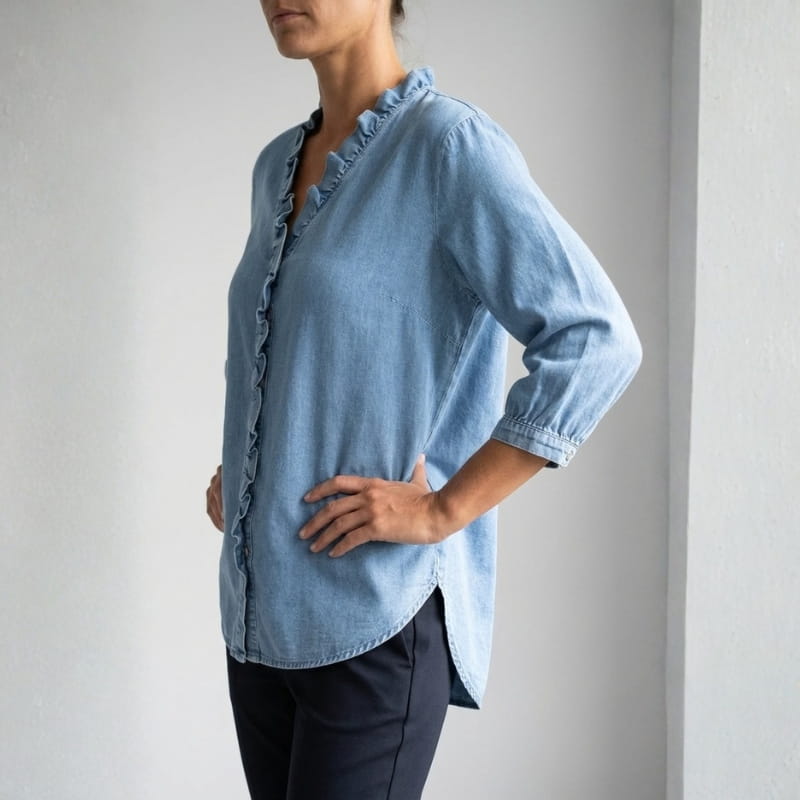 Floraine Women's Denim Ruffle Blouse – Soft V-Neck Top