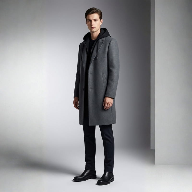 Loreno Men’s Hooded Wool Coat – Premium Textured Winter Outerwear