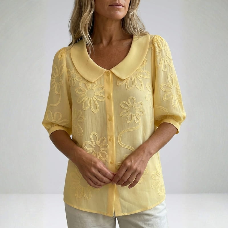 Viniela Women's Floral Textured Blouse – Cotton Button Down Round Collar Top