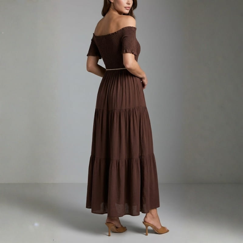 Clara Off Shoulder Pleated Waist Midi Dress – Tiered Smocked Neckline