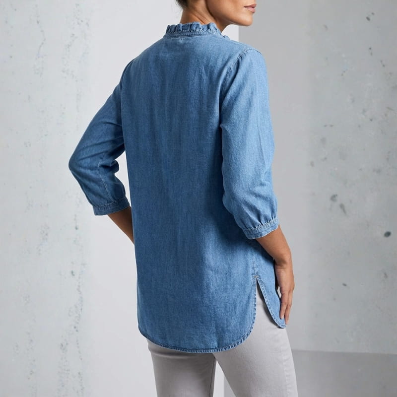 Floraine Women's Denim Ruffle Blouse – Soft V-Neck Top