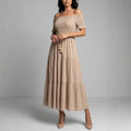 Clara Off Shoulder Pleated Waist Midi Dress – Tiered Smocked Neckline