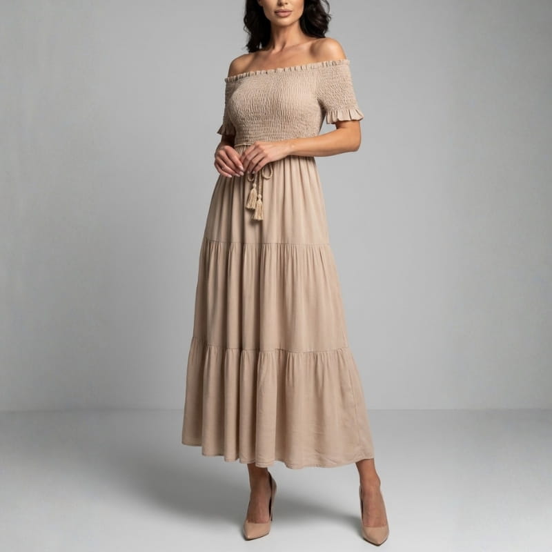 Clara Off Shoulder Pleated Waist Midi Dress – Tiered Smocked Neckline