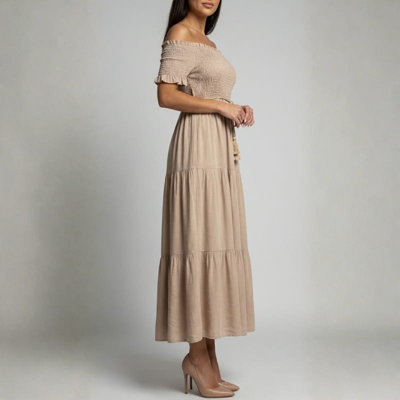 Clara Off Shoulder Pleated Waist Midi Dress – Tiered Smocked Neckline