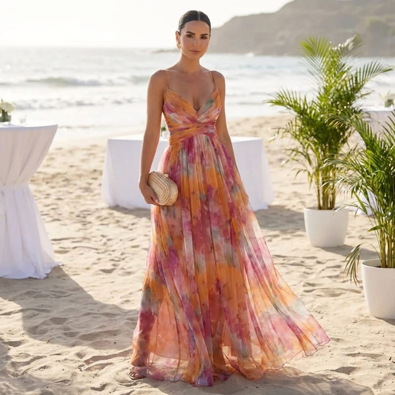 Elvira Floral Painting Chiffon Maxi Dress – Lightweight Elegant All Occasion Dress