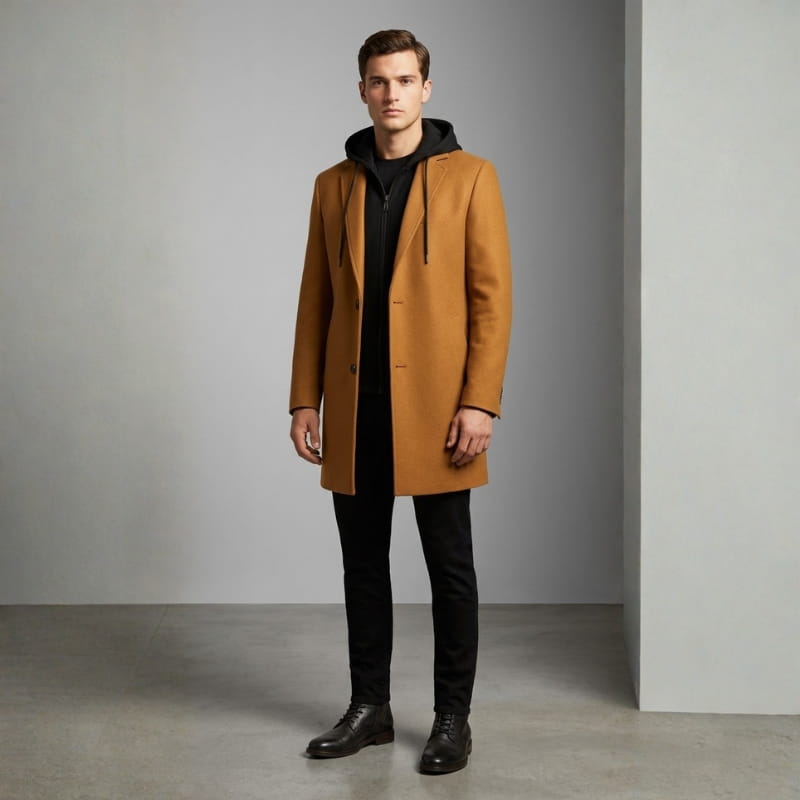 Loreno Men’s Hooded Wool Coat – Premium Textured Winter Outerwear