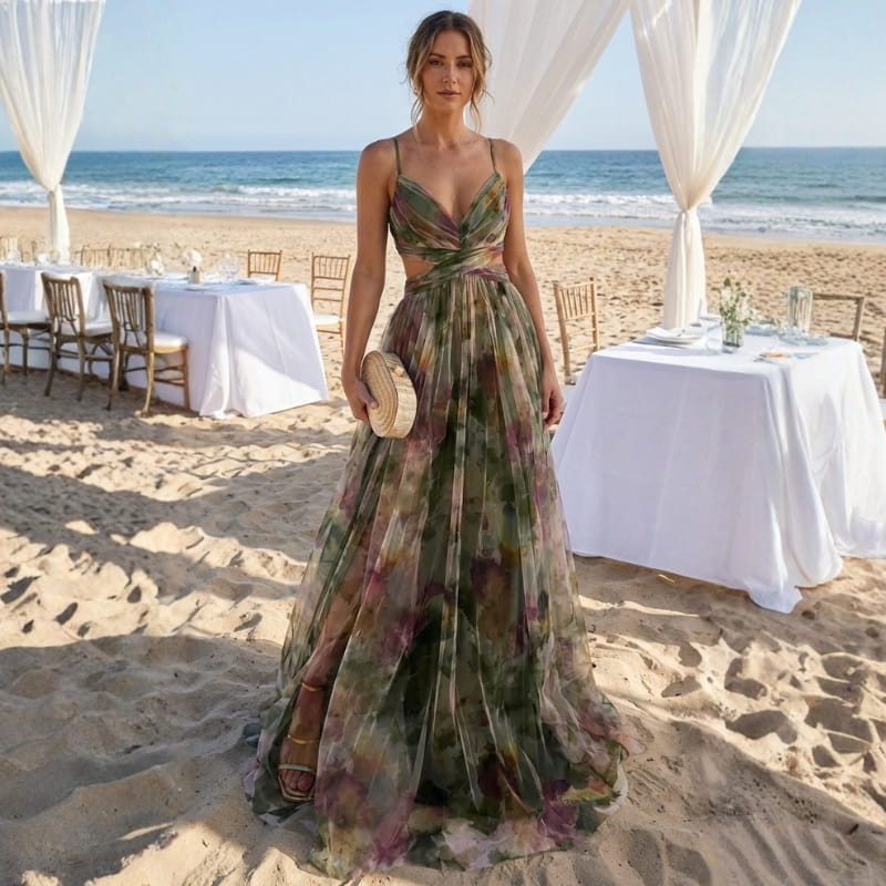 Elvira Floral Painting Chiffon Maxi Dress – Lightweight Elegant All Occasion Dress