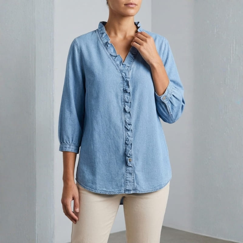 Floraine Women's Denim Ruffle Blouse – Soft V-Neck Top