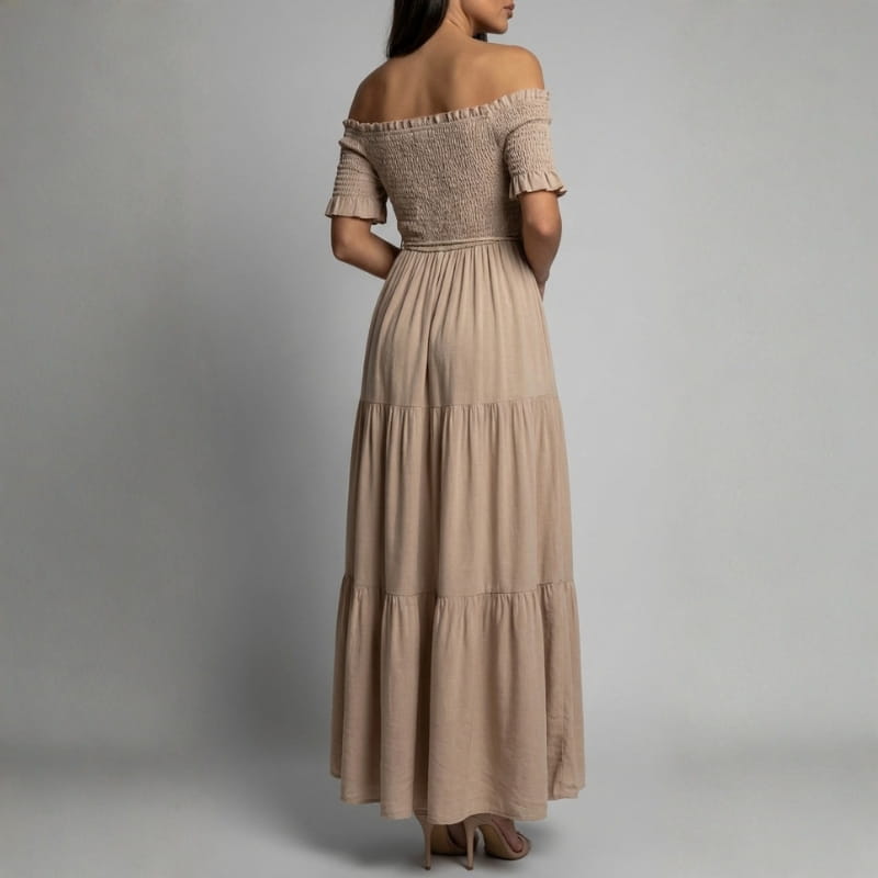 Clara Off Shoulder Pleated Waist Midi Dress – Tiered Smocked Neckline