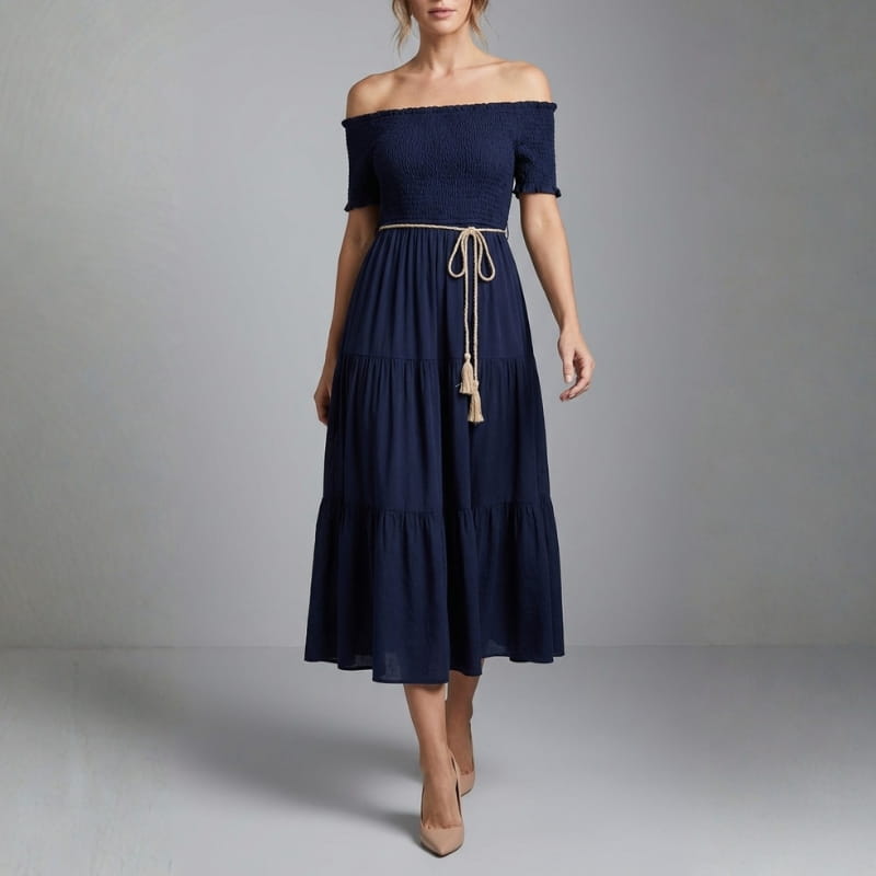 Clara Off Shoulder Pleated Waist Midi Dress – Tiered Smocked Neckline