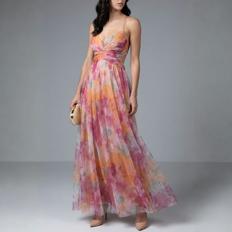 Elvira Floral Painting Chiffon Maxi Dress – Lightweight Elegant All Occasion Dress