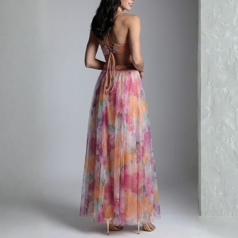 Elvira Floral Painting Chiffon Maxi Dress – Lightweight Elegant All Occasion Dress