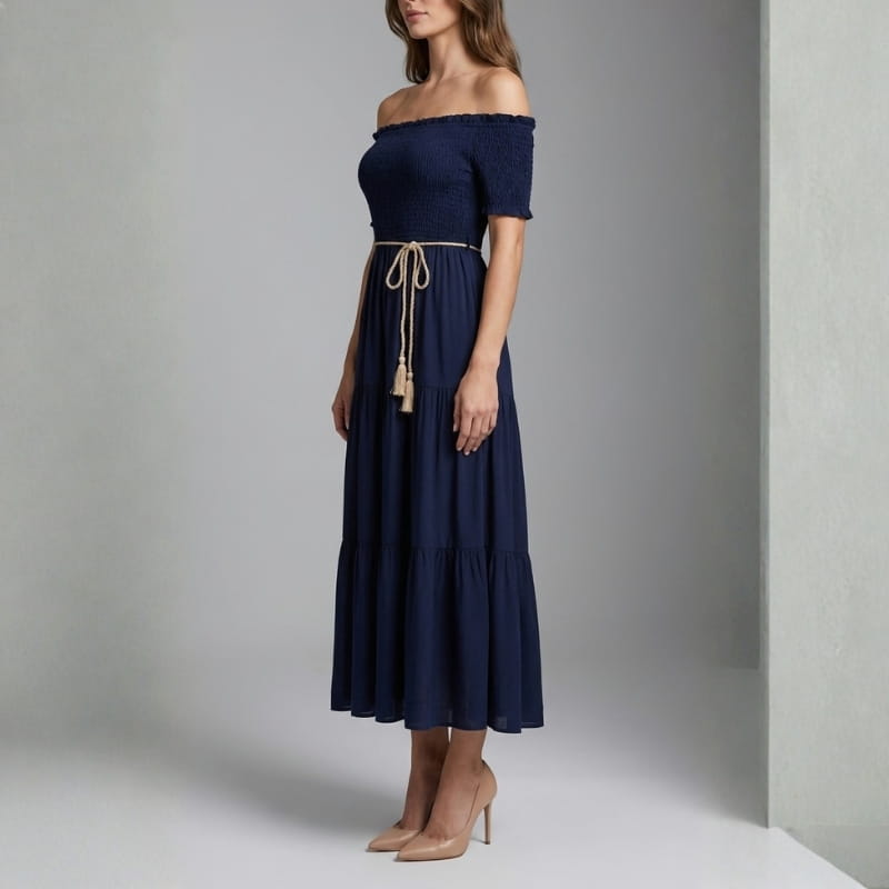 Clara Off Shoulder Pleated Waist Midi Dress – Tiered Smocked Neckline