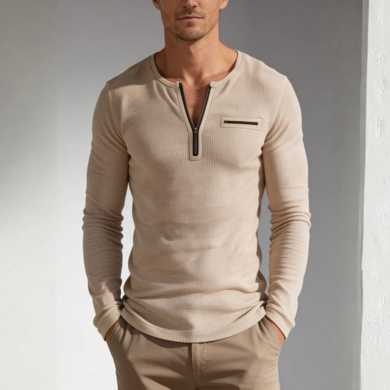 Ruben Slim Fit Ribbed Knit Shirt – Stretch Zip-Neck Long Sleeve