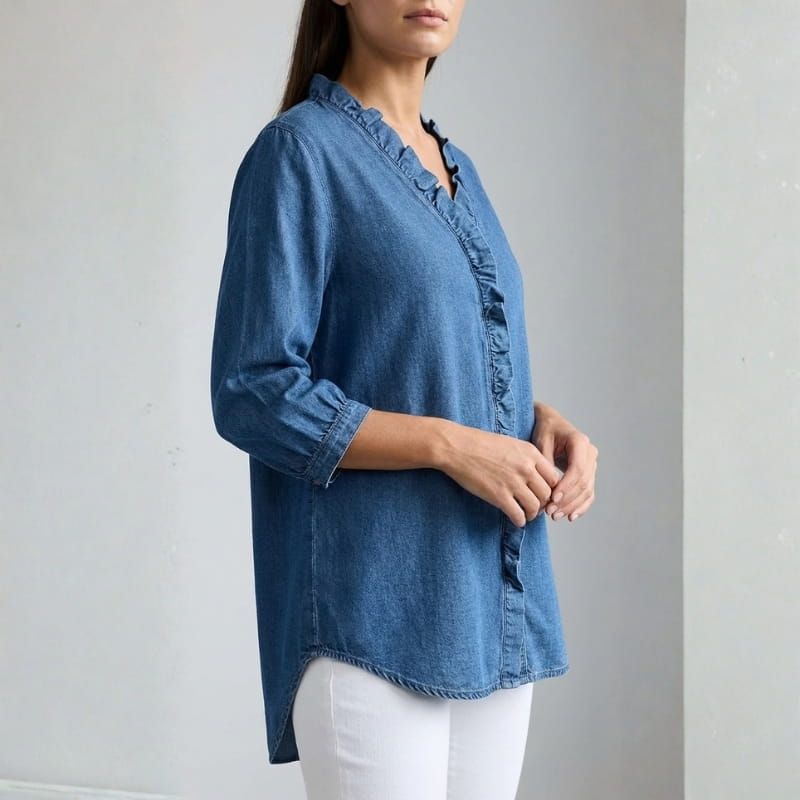 Floraine Women's Denim Ruffle Blouse – Soft V-Neck Top