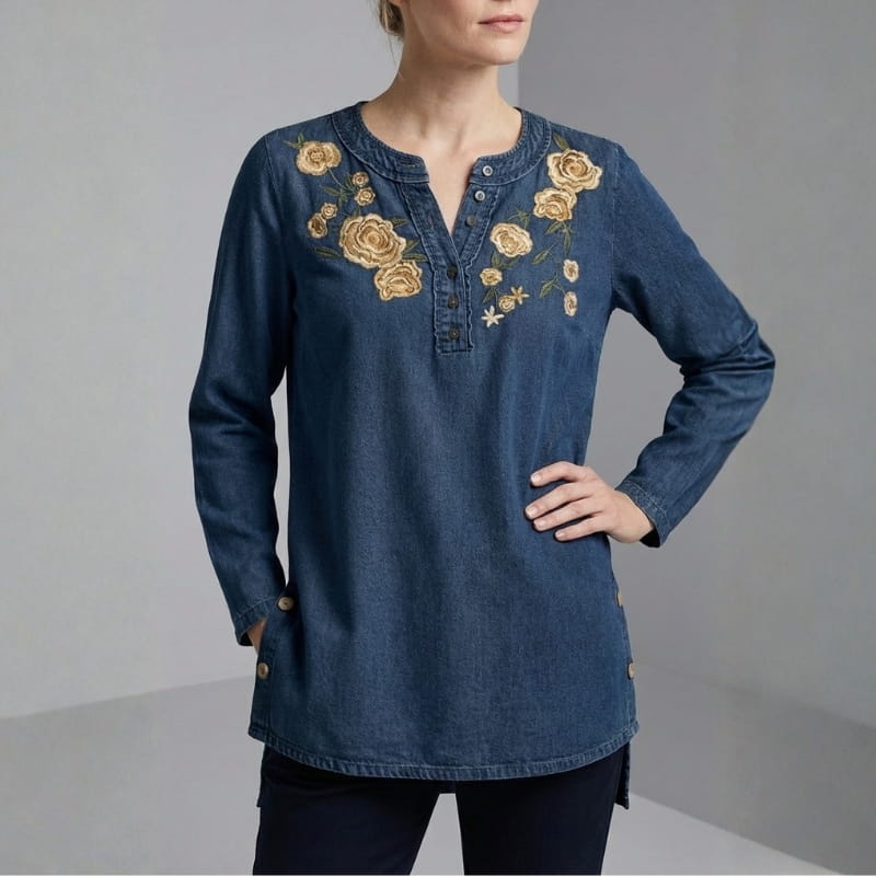 Shila Women's Floral Denim Shirt – Soft Breathable Button Down Blouse