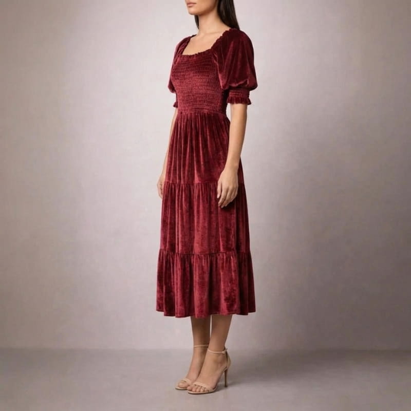 Zanele Velvety Ruffle Midi Dress – Sophisticated Day-to-Night Dress