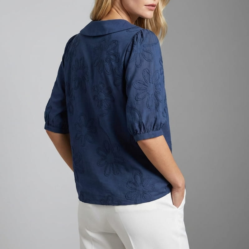 Viniela Women's Floral Textured Blouse – Cotton Button Down Round Collar Top