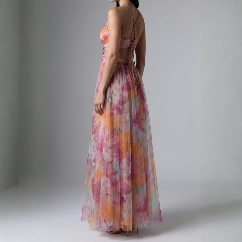 Elvira Floral Painting Chiffon Maxi Dress – Lightweight Elegant All Occasion Dress