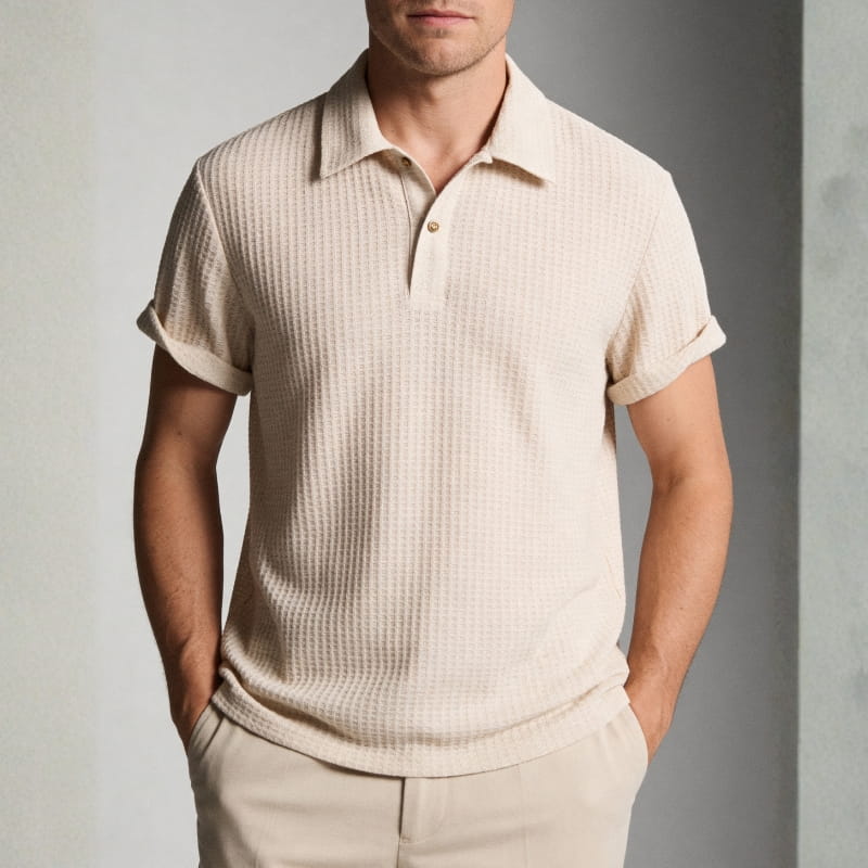 Evans Waffle Knit Polo Shirt – Breathable Short Sleeve Smart Casual Top