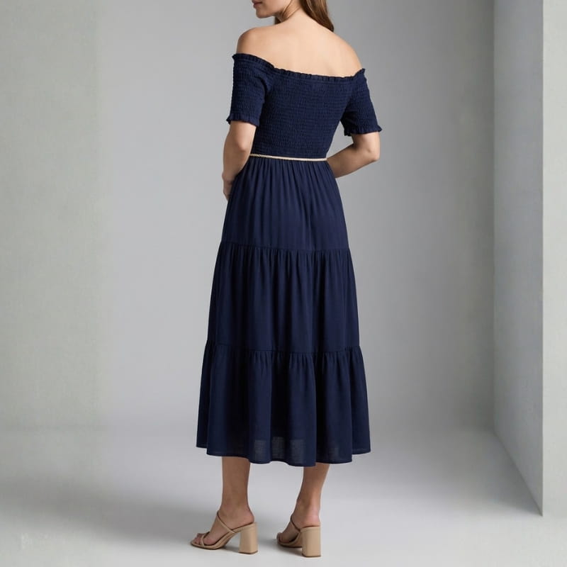 Clara Off Shoulder Pleated Waist Midi Dress – Tiered Smocked Neckline