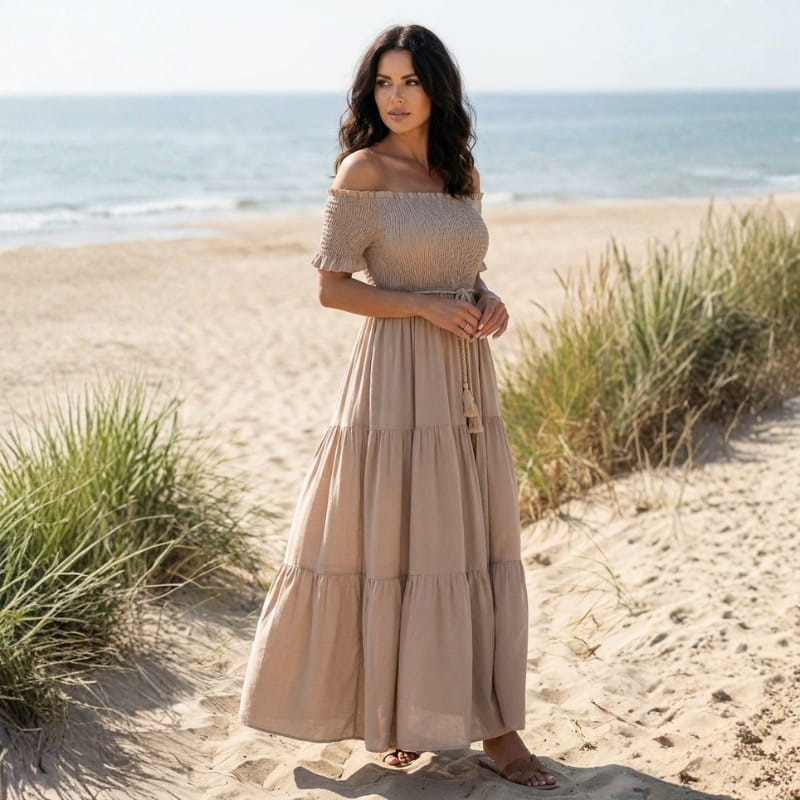 Clara Off Shoulder Pleated Waist Midi Dress – Tiered Smocked Neckline