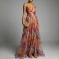 Elvira Floral Painting Chiffon Maxi Dress – Lightweight Elegant All Occasion Dress