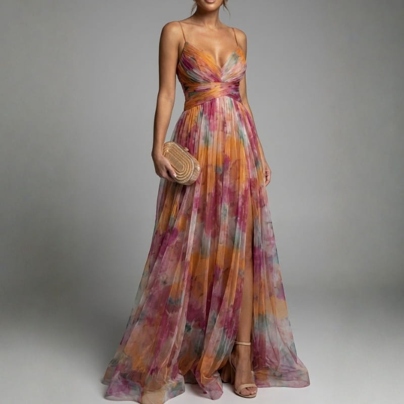 Elvira Floral Painting Chiffon Maxi Dress – Lightweight Elegant All Occasion Dress