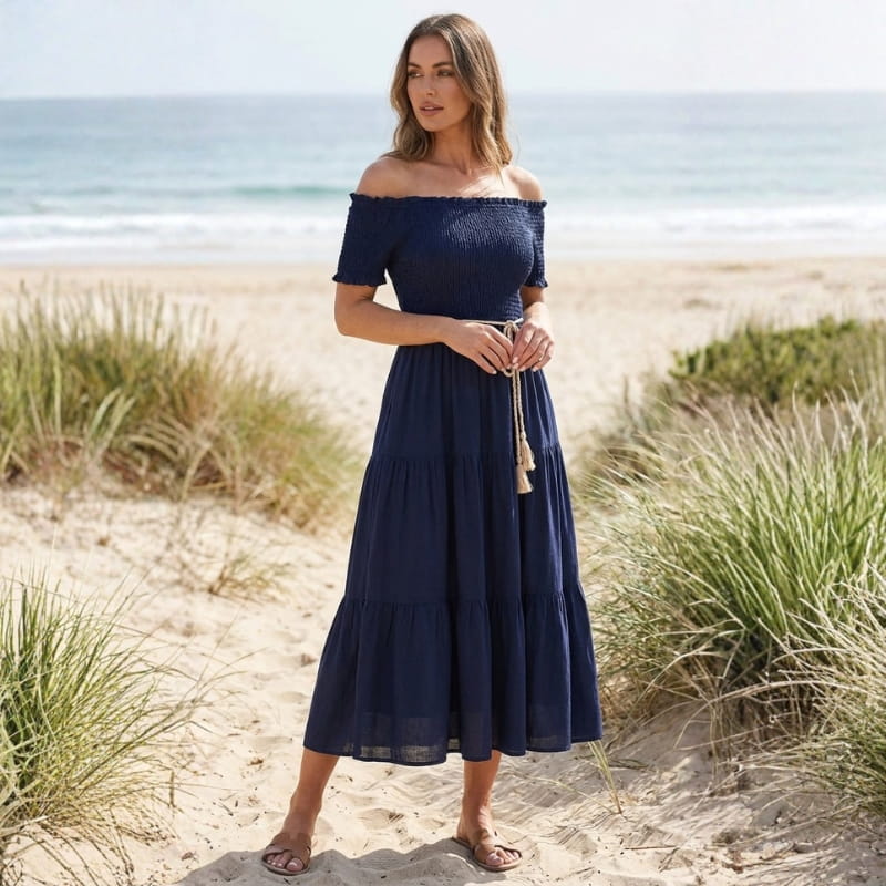 Clara Off Shoulder Pleated Waist Midi Dress – Tiered Smocked Neckline