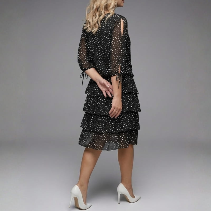Emelyn Polka Dot Ruffle Dress – Tiered Midi with Tie Sleeve Detail