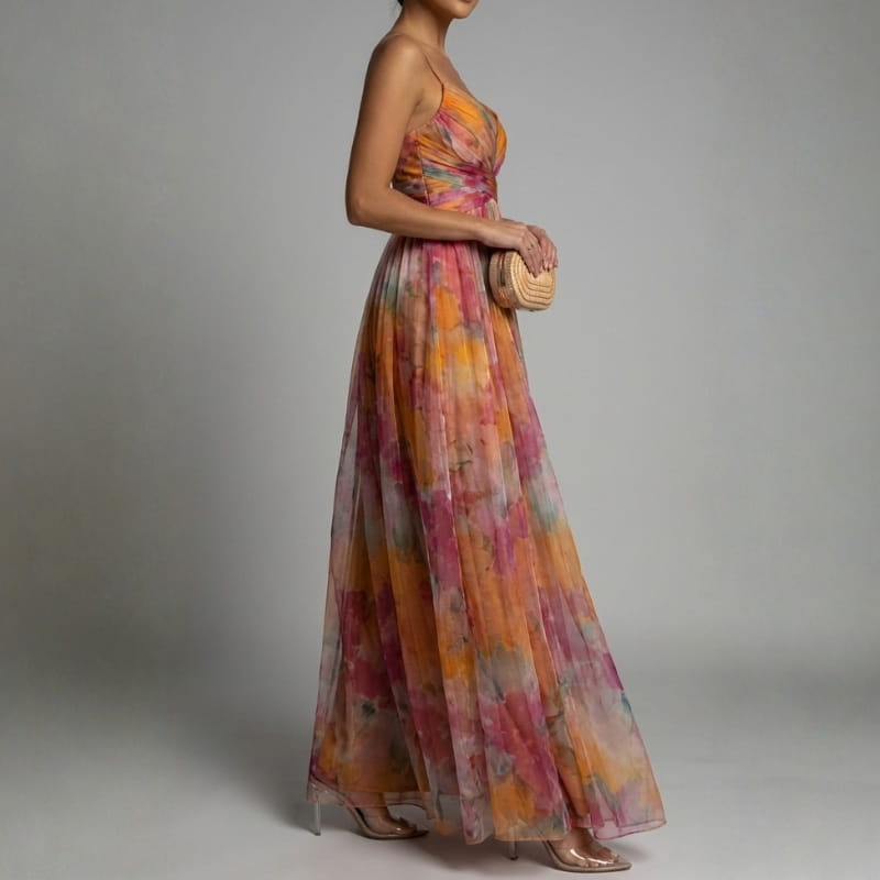 Elvira Floral Painting Chiffon Maxi Dress – Lightweight Elegant All Occasion Dress