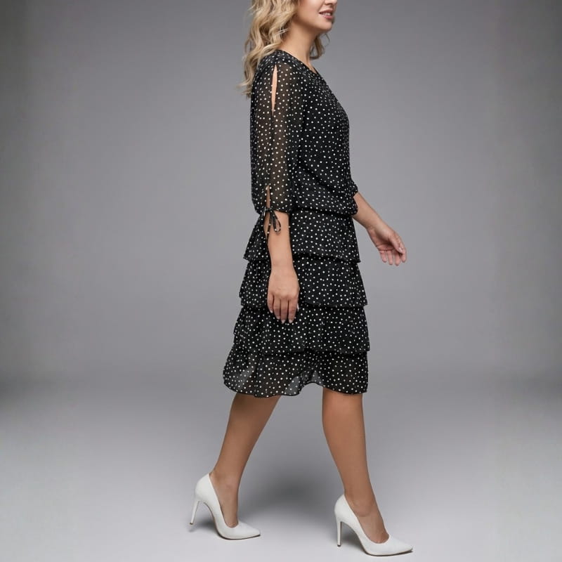 Emelyn Polka Dot Ruffle Dress – Tiered Midi with Tie Sleeve Detail