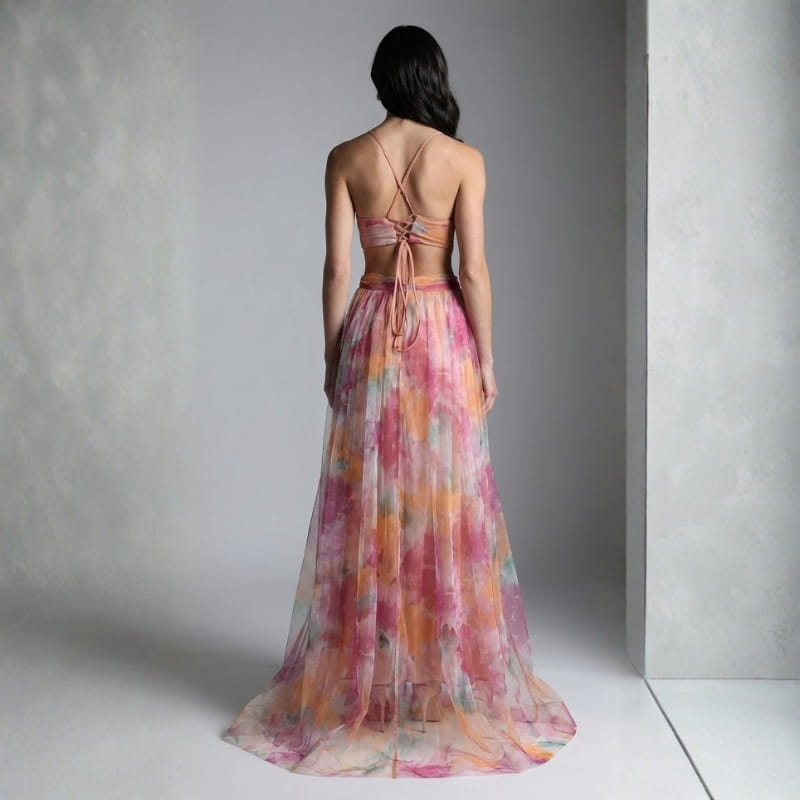Elvira Floral Painting Chiffon Maxi Dress – Lightweight Elegant All Occasion Dress