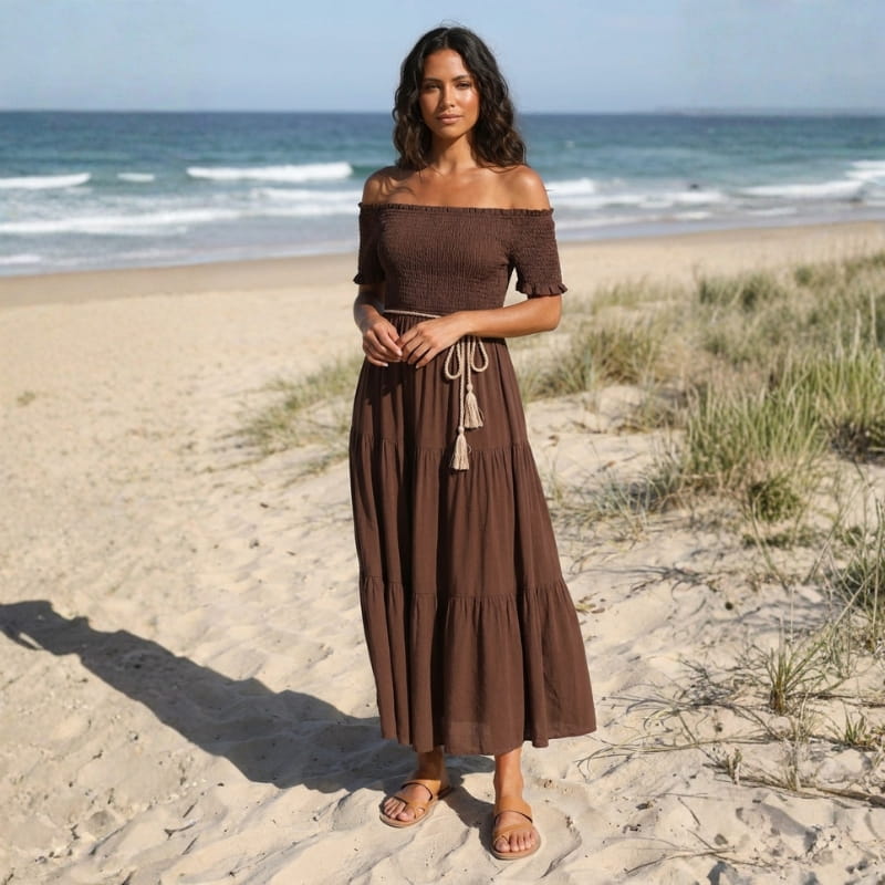 Clara Off Shoulder Pleated Waist Midi Dress – Tiered Smocked Neckline