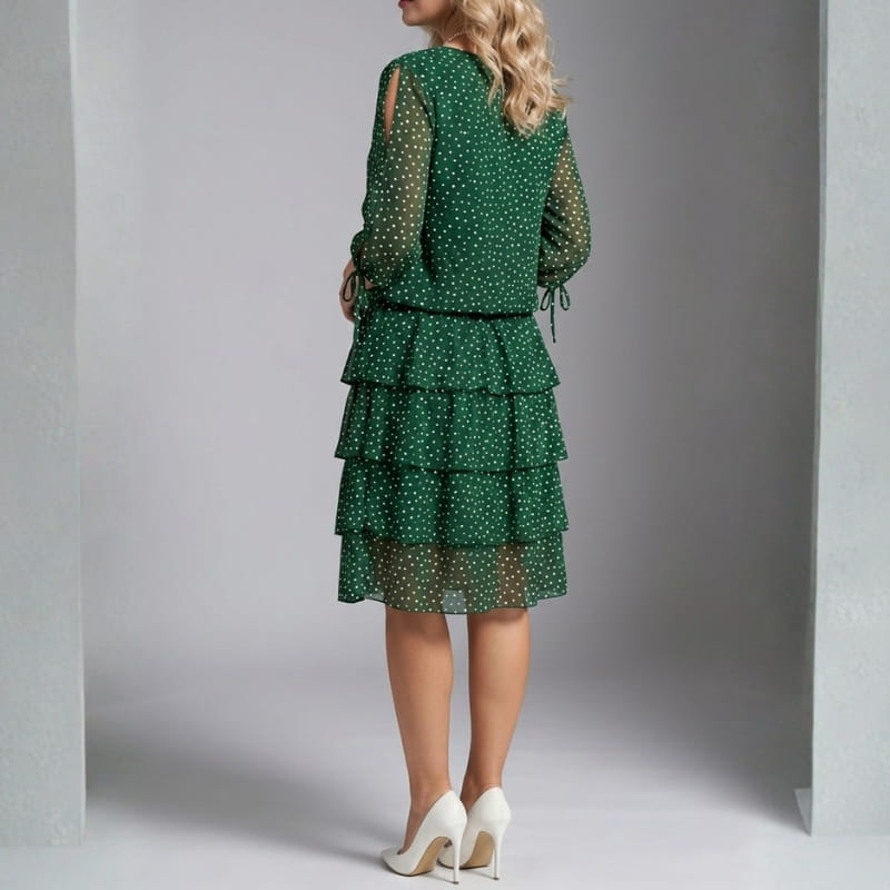 Emelyn Polka Dot Ruffle Dress – Tiered Midi with Tie Sleeve Detail