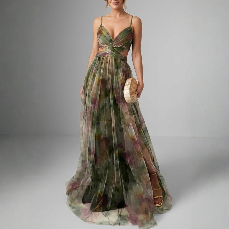 Elvira Floral Painting Chiffon Maxi Dress – Lightweight Elegant All Occasion Dress