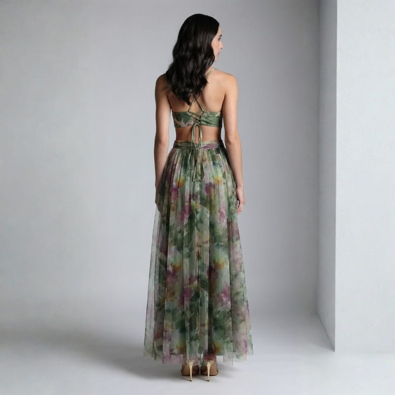 Elvira Floral Painting Chiffon Maxi Dress – Lightweight Elegant All Occasion Dress