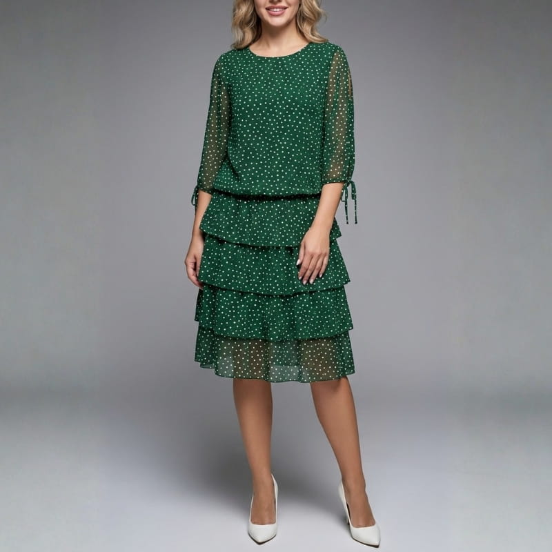Emelyn Polka Dot Ruffle Dress – Tiered Midi with Tie Sleeve Detail