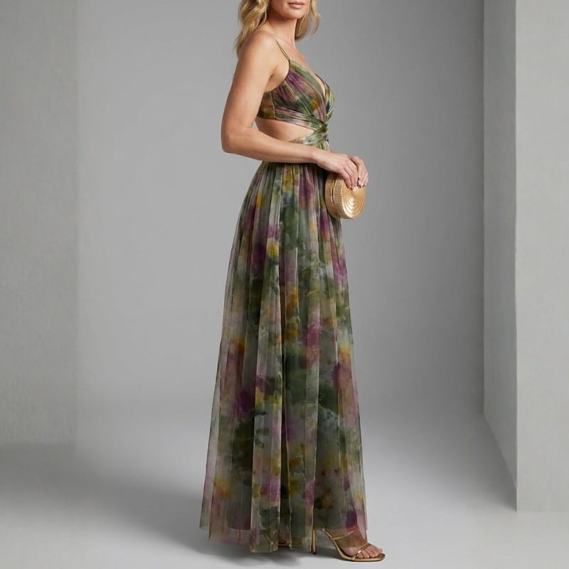 Elvira Floral Painting Chiffon Maxi Dress – Lightweight Elegant All Occasion Dress