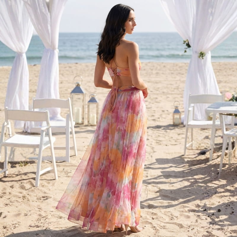 Elvira Floral Painting Chiffon Maxi Dress – Lightweight Elegant All Occasion Dress