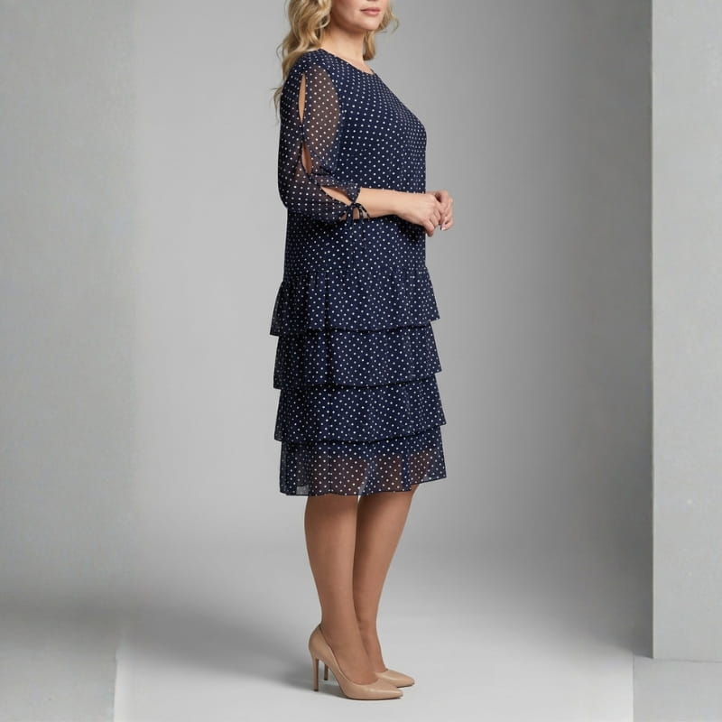 Emelyn Polka Dot Ruffle Dress – Tiered Midi with Tie Sleeve Detail