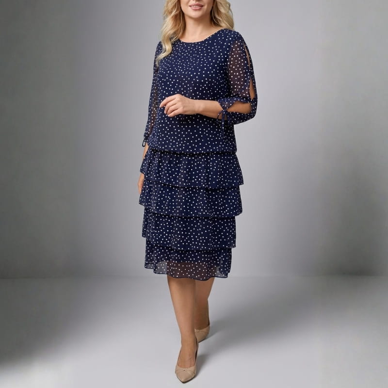 Emelyn Polka Dot Ruffle Dress – Tiered Midi with Tie Sleeve Detail