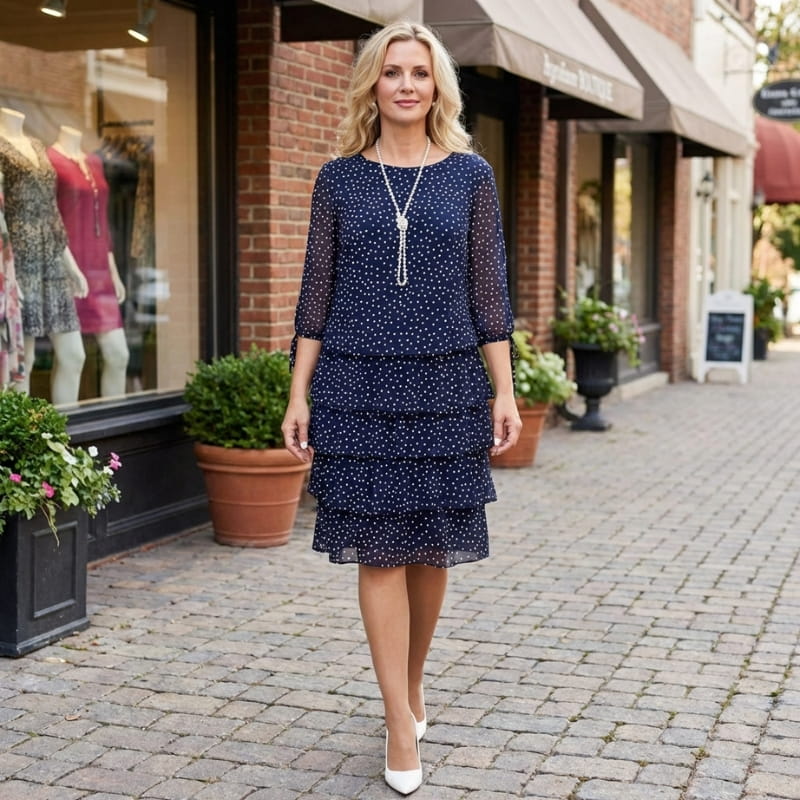 Emelyn Polka Dot Ruffle Dress – Tiered Midi with Tie Sleeve Detail